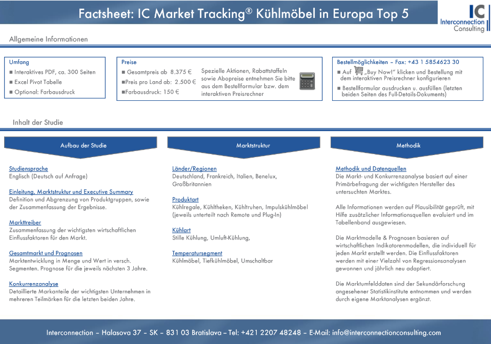 Die Studie IC Market Tracking Kühlmöbel in Deutschland bietet eine fundamentierte Branchenanalyse des Markt für Kühlmöbel im Lebensmittelhandel . Die Branchenstudie liefert einen Bericht zum Gesamtmarkt und detaillierte Analysen, Fakten und Daten zu verschiedenen Segmenten, zum Vertriebskanalmix sowie umfassende Konkurrenzanalysen.