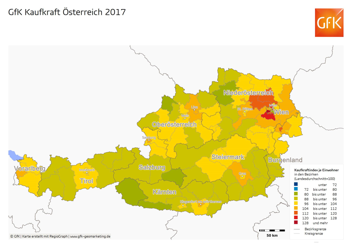 Niederösterreich ist das einzige Bundesland, dessen Kaufkraft pro  Einwohner um rund 4 Prozent deutlich über dem österreichischen  Durchschnitt liegt. Vorarlberg folgt auf Rang zwei, dicht gefolgt von  Salzburg und Oberösterreich, die ebenfalls jeweils eine knapp  überdurchschnittliche pro - Kopf - Kaufkraft aufweisen. Im  Bundesländervergleich liegt die Kaufkraft der Wiener Bevölkerung mit  durchschnittlich ru nd 22.478 € pro Kopf auf Rang 5.  Tirol, Kärnten und die Steiermark bilden das Schlusslicht im  Bundesvergleich. Im Durchschnitt verfügen Einwohner dieser  Bundesländer mit einer Kaufkraft zwischen 21.803 € und 21.956 € über 2,8  bis 3,5 Prozent weniger Kaufk raft als der Bundesdurchschnitt. 