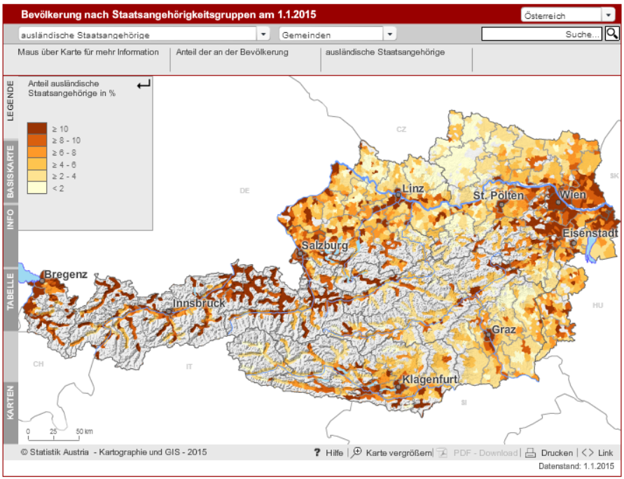 Auf der Österreichkarte können durch Bewegen des Cursors die Anteile der Bevölkerung ausländischer Herkunft jeder Gemeinde Österreichs einfach und schnell abgefragt werden.  Bei der Bevölkerung ausländischer Herkunft handelt es sich um die Gesamtzahl der Personen mit ausländischer Staatsangehörigkeit plus der im Ausland geborenen österreichischen Staatsangehörigen.