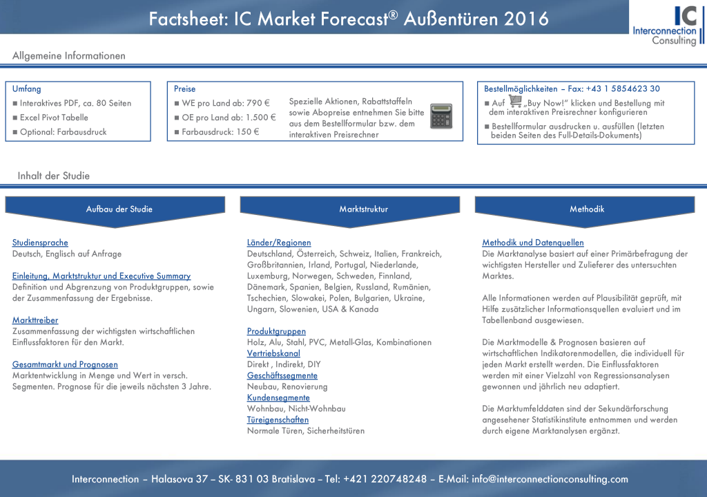 Die Studie IC Market Tracking Außenreinigungsmaschinen analysiert detailliert den Markt für Reinigungsmaschinen im Außenbereich sowie die Hersteller. Sie bekommen einen Bericht zum Gesamtmarkt sowie detaillierte Analysen zu verschiedenen Segmenten und Produktgruppen wie Hochdruckreiniger, Kehr- und Scheuermaschinen, Industriesaugmaschinen, Poliermaschinen etc.  und den Vertriebskanälen.  In der Studie werden wichtige Einflussfaktoren aus dem Marktumfeld analysiert und Prognosen für alle Produktsegmente für die nächsten drei Jahre basierend auf dem Interconnection Indikatorenmodell erstellt. Im Rahmen der Wettbewerbsanylse erhalten Sie Informationen zu Marktanteilen der Hersteller für den Gesamtmarkt und zu den Segmenten inklusive Entwicklungen der letzten beiden Jahre. 