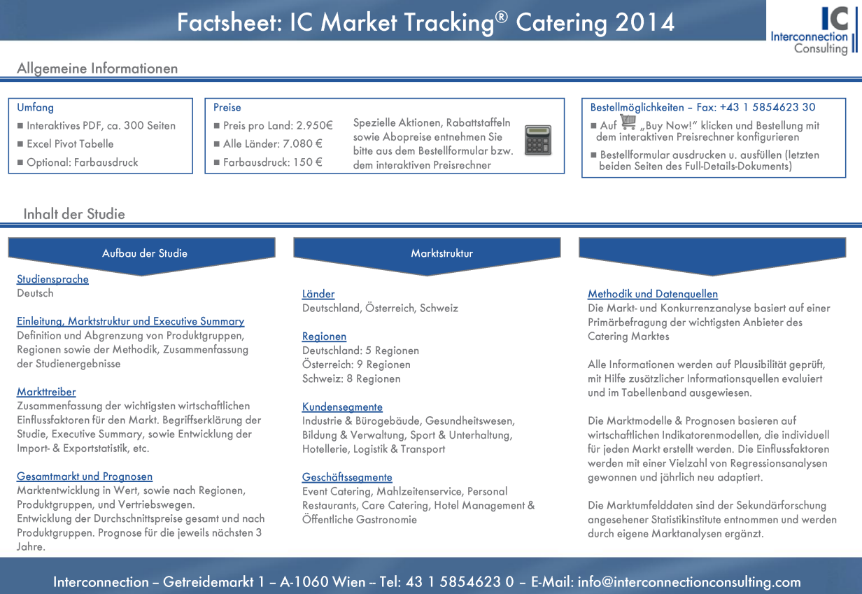 Die Einleitung beschreibt die verwendeten Begriffe sowie die Einteilung der einzelnen Segmente und stellt den Versuch einer Marktabgrenzung dar. Ebenso wird die methodische Vorgangsweise beschrieben. Die Executive Summary gibt einen kurzen Überblick über die wichtigsten Ergebnisse der Studie und fasst die Kernaussagen übersichtlich zusammen. Anschließend wird die Entwicklung der relevanten Einflussfaktoren auf den untersuchten Markt im Marktumfeld analysiert und dargestellt. Als Quellen dienen dazu ausgewählte internationale Statistiken und Studien von Interconnection. Die Gesamtmarktanalyse zeigt die wertmäßige Entwicklung des untersuchten Marktes in verschiedenen Dimensionen wie z.B. Regionen, Produkt-gruppen und Teilsegmenten. Einen essentiellen Teil der Analyse bilden die Prognosen für die nächsten Jahre sowie die Analyse der Durchschnittspreise. Konkurrenzanalyse: Zeigt detailliert die Markanteile der wichtigsten Unternehmen in mehreren Teilmärken für die letzten beiden Jahre. Des Weiteren stellen wir die Wettbewerbssituation anhand von Portfolios dar. Pivot Tabellen: Hier steht Ihnen ein leistungsstarkes und interaktives Tool zur Weiterverarbeitung unserer Daten für Ihre persönlichen Marktforschungsbedürfnisse zur Verfügung.