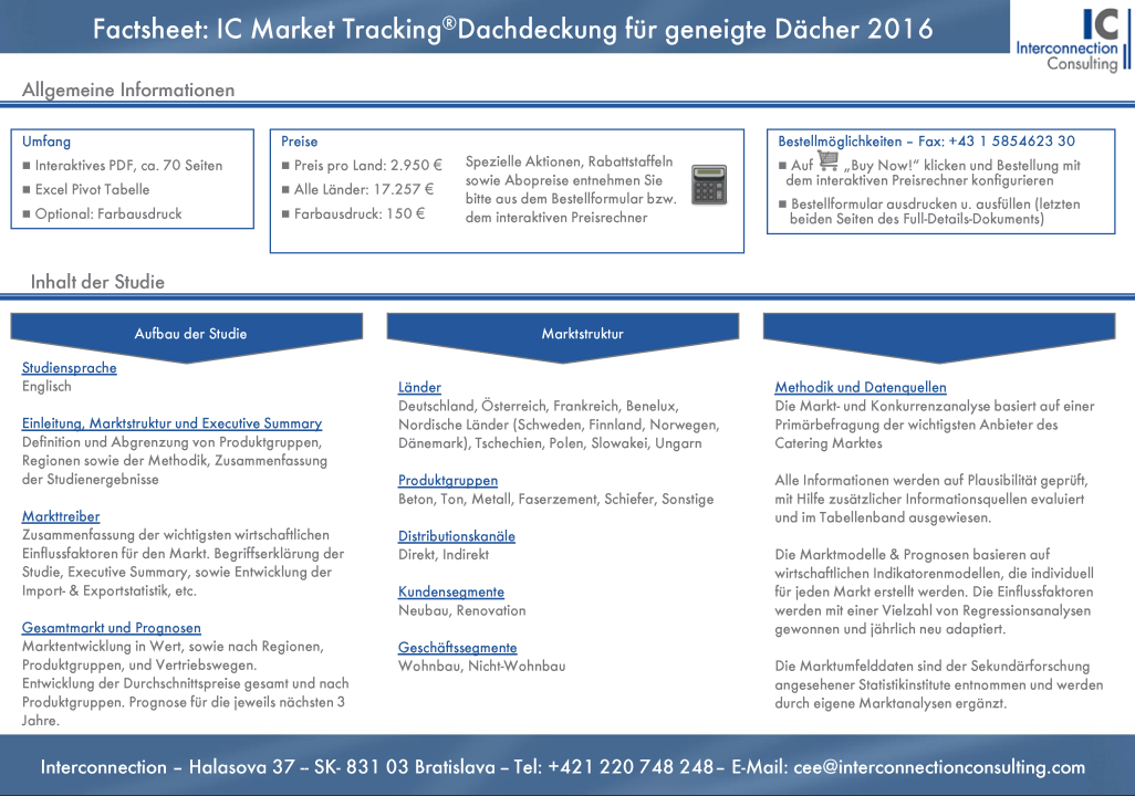 Die Studie IC Market Tracking Dachdeckung für geneigte Dächer analysiert den Markt für Dachmaterialien zum Beispiel Dachziegel, Dachschindel oder Dachsteine aus Ton, Beton, Faserzement, Schiefer oder Metal. Sie bekommen einen detaillierten Bericht zum Gesamtmarkt sowie den einzelnen Marktsegmenten bzw. Produktgruppen und Kundensegemente. Im Rahmen der Wettbewerbsanylse erhalten Sie Informationen zu Marktanteilen der Hersteller inklusive Entwicklungen der letzten beiden Jahre hinsichtlich Gesamtmarkt, Produktgruppen und Segmente sowie Vertriebskanäle. 