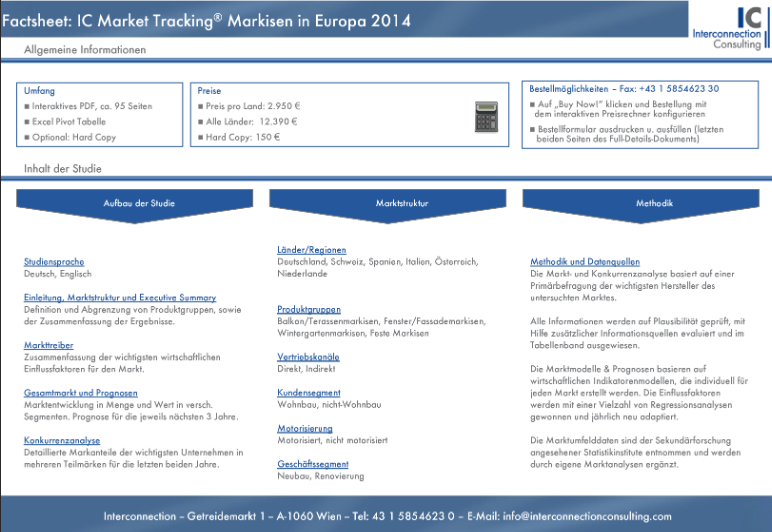 Die Marktstudie IC Market Tracking Markisen analysiert den Markt für Markisen und die Hersteller. Sie erhalten eine detallierte Marktanalyse für den Gesamtmarkt und aufgesplittet nach Segmenten. Die Branchenstudie liefert einen Bericht zum Gesamtmarkt und detaillierte Analysen, Fakten und Daten zu verschiedenen Segmenten, zum Vertriebskanalmix sowie umfassende Konkurrenzanalysen.