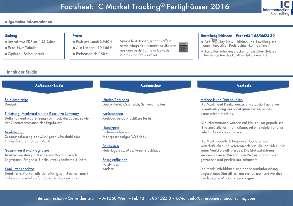 Marktentwicklung in Menge und Wert, sowie nach Regionen, Produktgruppen und Entwicklung der Durchschnittspreise. Prognosen für die jeweils nächsten drei Jahre.