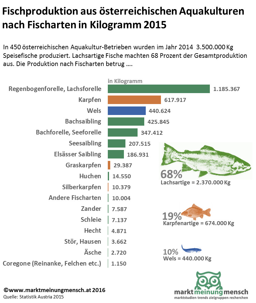 Die Infografik zeigt die Statistik der Speisefischproduktion im Jahr 2015. In 450 österreichischen Aquakultur-Betrieben wurden im Jahr 2014 3.500.000 Kg Speisefische produziert. Auf Lachsartige Fische entfielen 68 Prozent der Gesamtproduktion , auf karpfenartige 19 Prozent und auf Welse 10% der Gesamtproduktion.