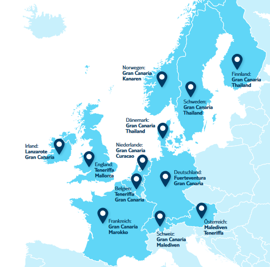  Europäische Unterschiede auf den Top-Plätzen  Die regional unterschiedlichsten Ergebnisse finden sich in der Erhebung direkt auf den Plätzen hinter der Kanarischen Inseln: So werden besonders viele Franzosen Weihnachten beispielsweise in Marokko verbringen, während die Niederländer in der ehemaligen Karibik-Kolonie Curacao überwintern. Schweden zieht es gerade in diesem Jahr nach Thailand, und Schweizer auf die Malediven. Besonders interessant: Einzig in Deutschland landet der Urlaub im eigenen Land auf den vorderen Plätzen – zumindest wenn es um Buchungen via Reiseveranstalter geht.