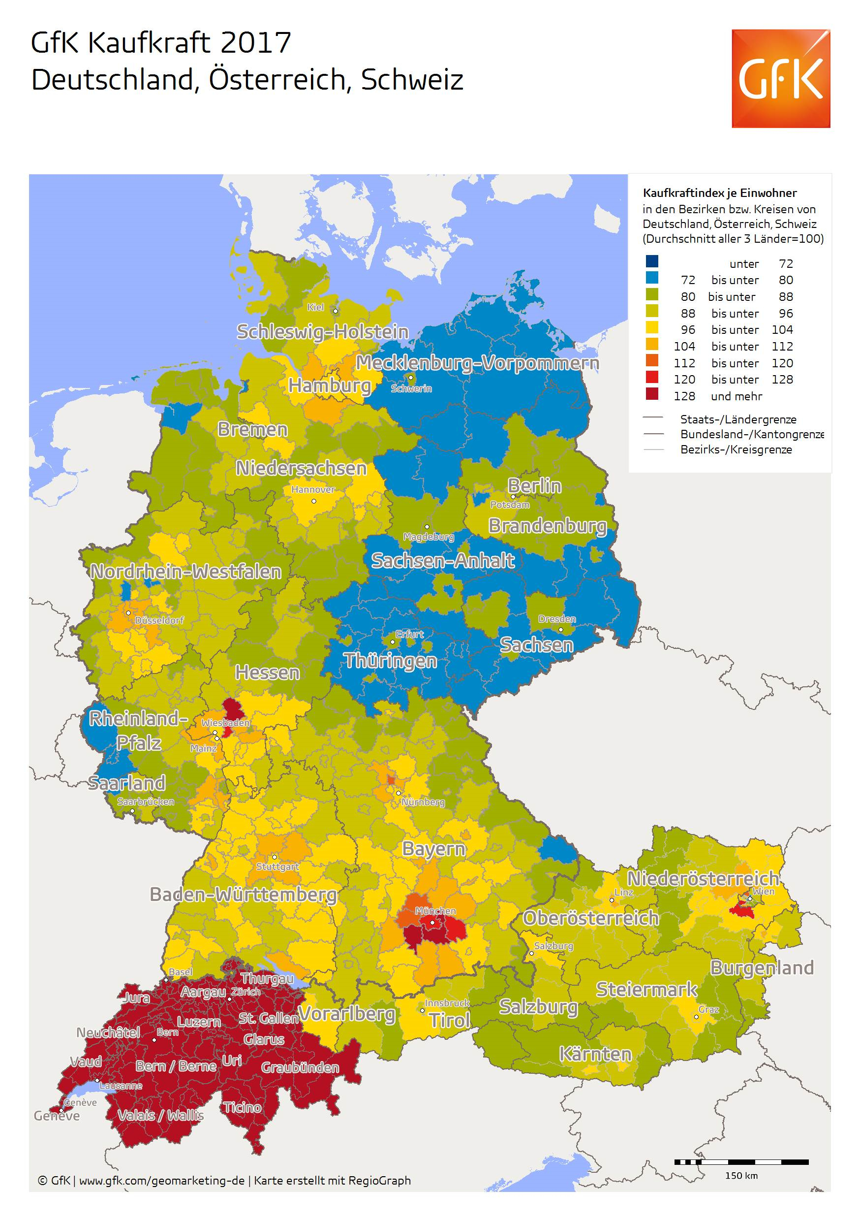 Zum Vergleich: Die Gesamtsumme der deutschen Kaufkraft beläuft sich auf 1.827,5 Milliarden Euro. Bei 81 Mio. Einwohnern in Deutschland gegenüber 8,7 Mio. in Österreich ist das allerdings wenig überraschend. Die Deutschen haben im Jahr 2017 eine durchschnittliche pro Kopf Kaufkraft von 22.239 Euro.