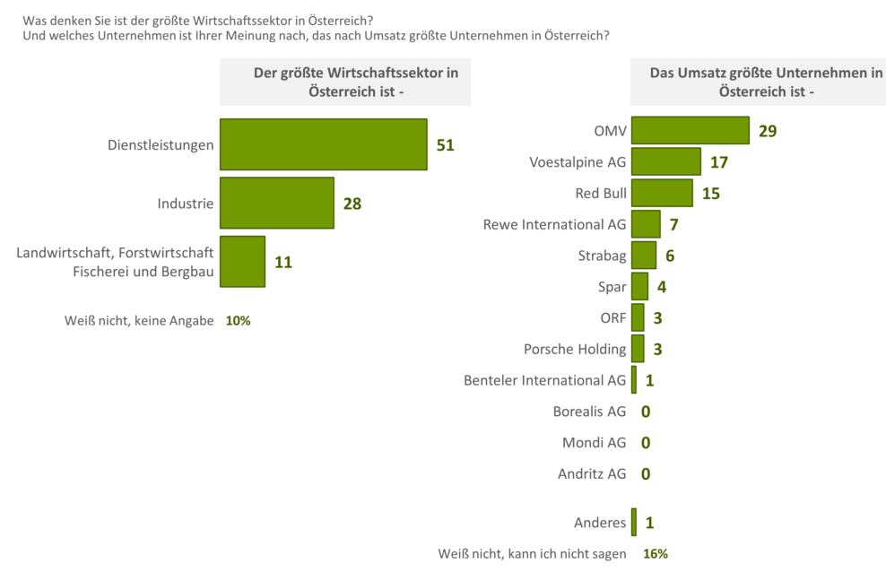 Bei einem ist sich aber zumindest die Hälfte der Österreicher einig: Dienstleistungen bilden den größte Wirtschaftssektor in Österreich. Weiters wollten wir wissen, wer die größten Unternehmen, d.h. nach Umsatz, in Österreich sind. Hier gibt es noch teils Nachholbedarf. Wer die größten Unternehmen (Porsche Holding, OMV, Spar) sind, ist nicht bei allen Österreichern klar.