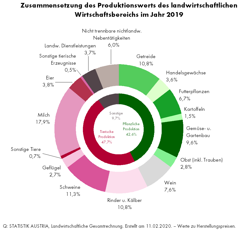 Der Gesamtproduktionswert der österreichischen Landwirtschaft erhöhte sich 2019 um 2,5% auf rund 7,6 Mrd. Euro, mit wertmäßigen Zuwächsen sowohl in der tierischen als auch in der pflanzlichen Erzeugung (+2,8% bzw. +1,8%). Der Anstieg des tierischen Produktionswerts resultierte vor allem aus dem kräftigen (preisbedingten) Zuwachs des Werts der Schweineproduktion. Im Vorjahresvergleich stabil blieb demgegenüber der Produktionswert von Milch; und der Produktionswert von Rindern war rückläufig. Der leichte Zuwachs des pflanzlichen Produktionswerts im Jahr 2019 war vor allem die Folge gestiegener Produktionswerte von Gemüse, Getreide, Kartoffeln, Ölsaaten und Ölfrüchten bzw. Futterpflanzen. Wertmäßige Einbußen gab es speziell im Obst- und Weinbau.