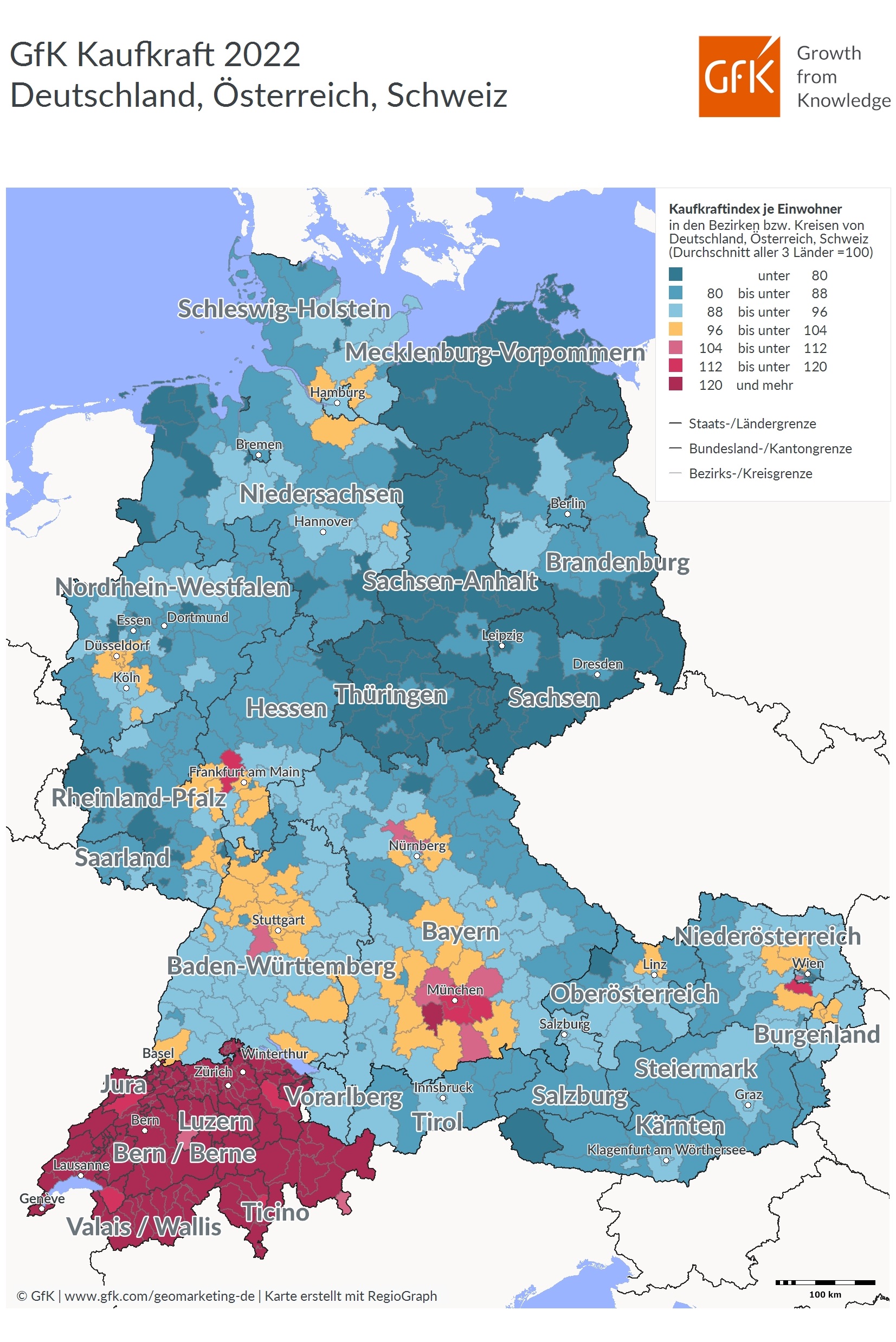 Wie in den Vorjahren liegt die Schweiz auch 2022 im Kaufkraftvergleich vor den beiden benachbarten Ländern Österreich und Deutschland